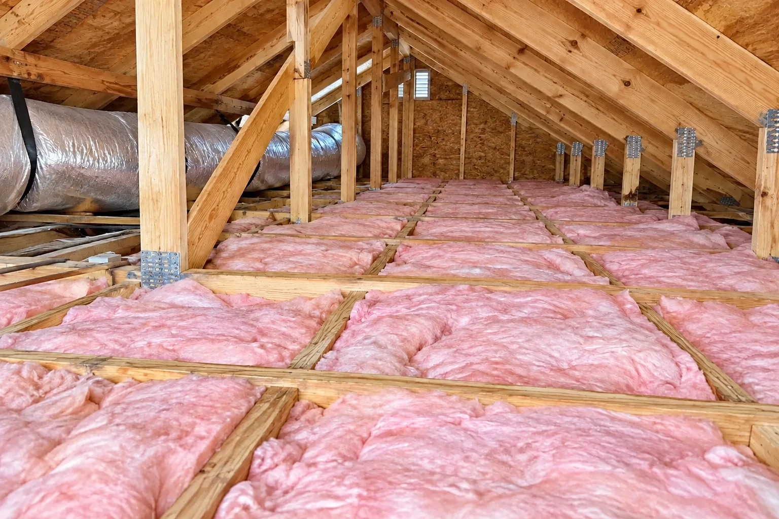 Pink batt insulation fills the attic floor between wooden joists beneath exposed roof trusses and ductwork.