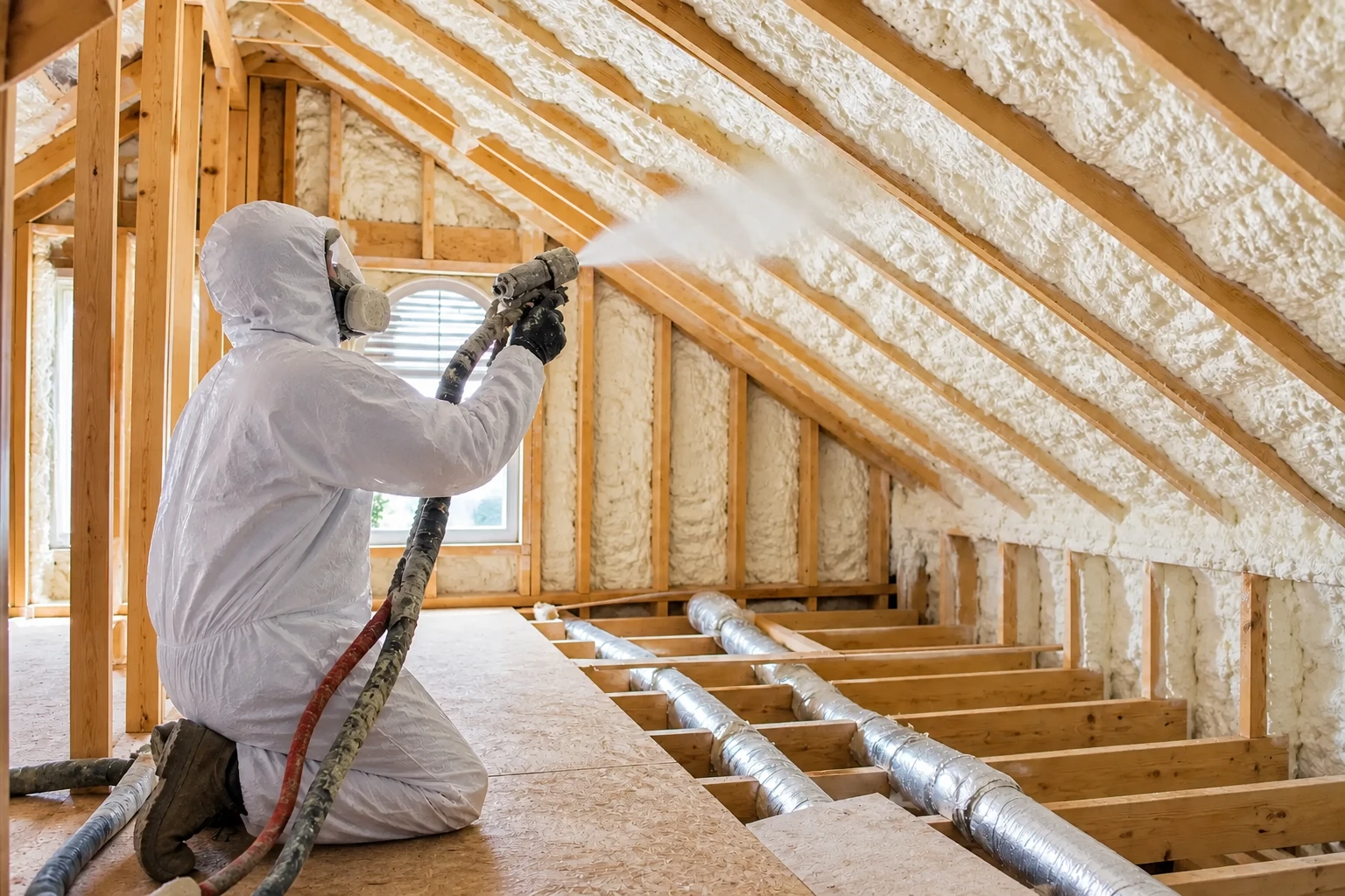 A worker in protective coveralls sprays foam insulation between the rafters of an attic.