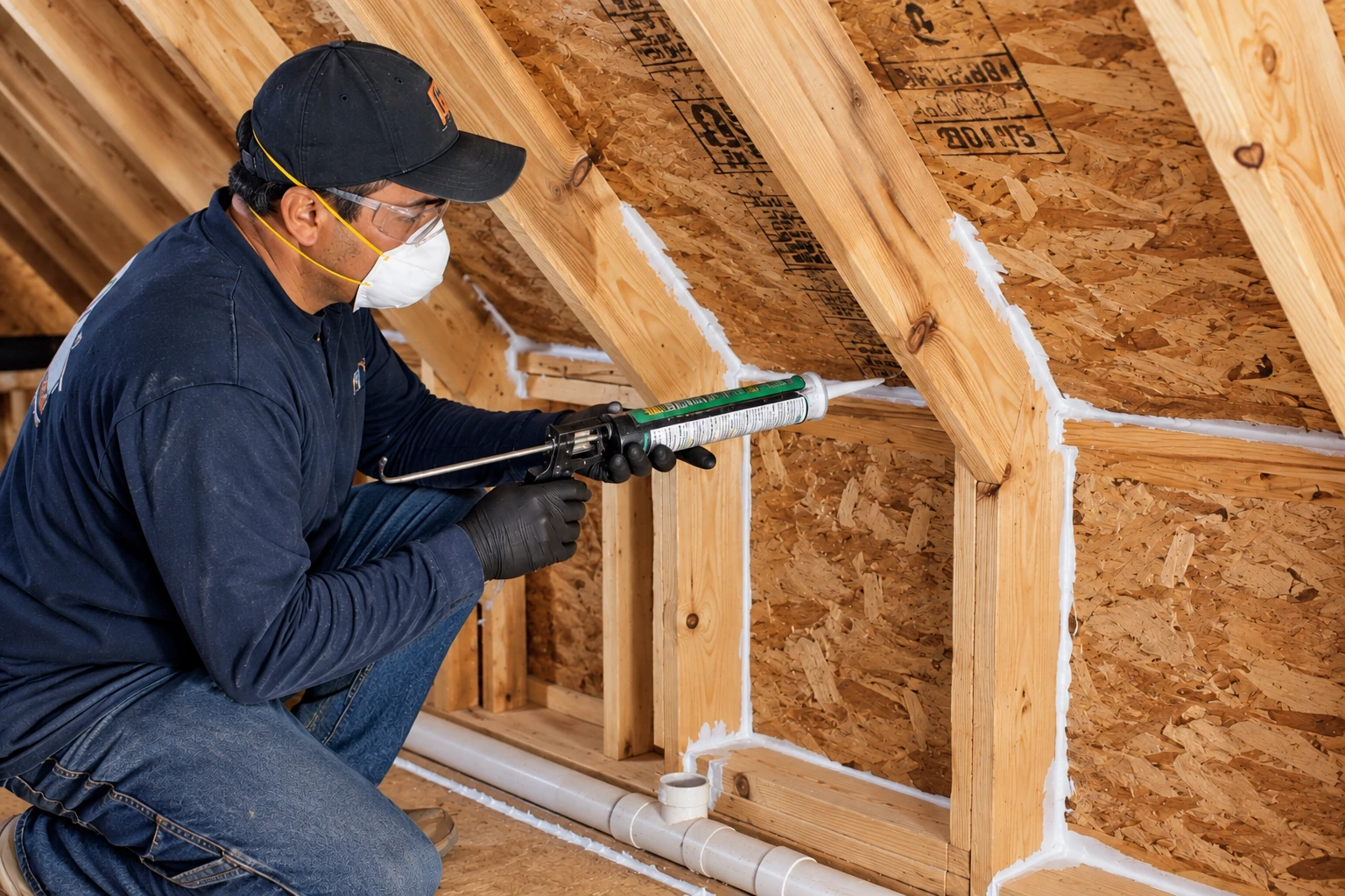A worker wearing a mask and safety glasses applies foam sealant along attic roof framing with a caulking gun.