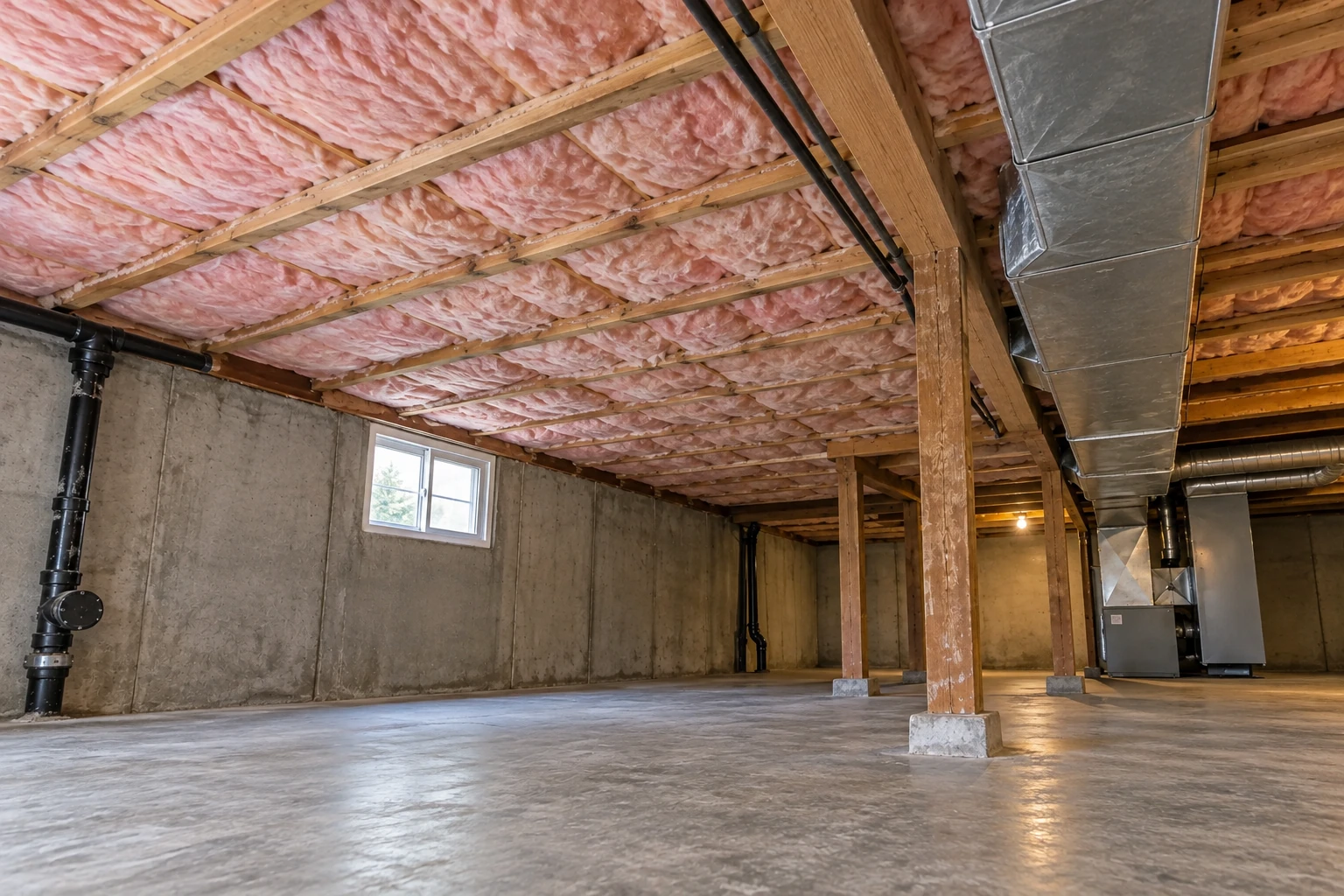 Pink fiberglass batts fill the ceiling joists of a concrete basement with exposed ductwork.