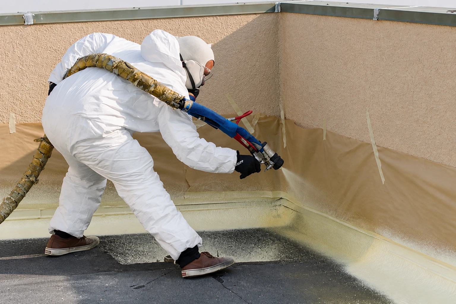 Worker in protective suit sprays foam insulation onto the walls and floor of a flat-roofed structure.