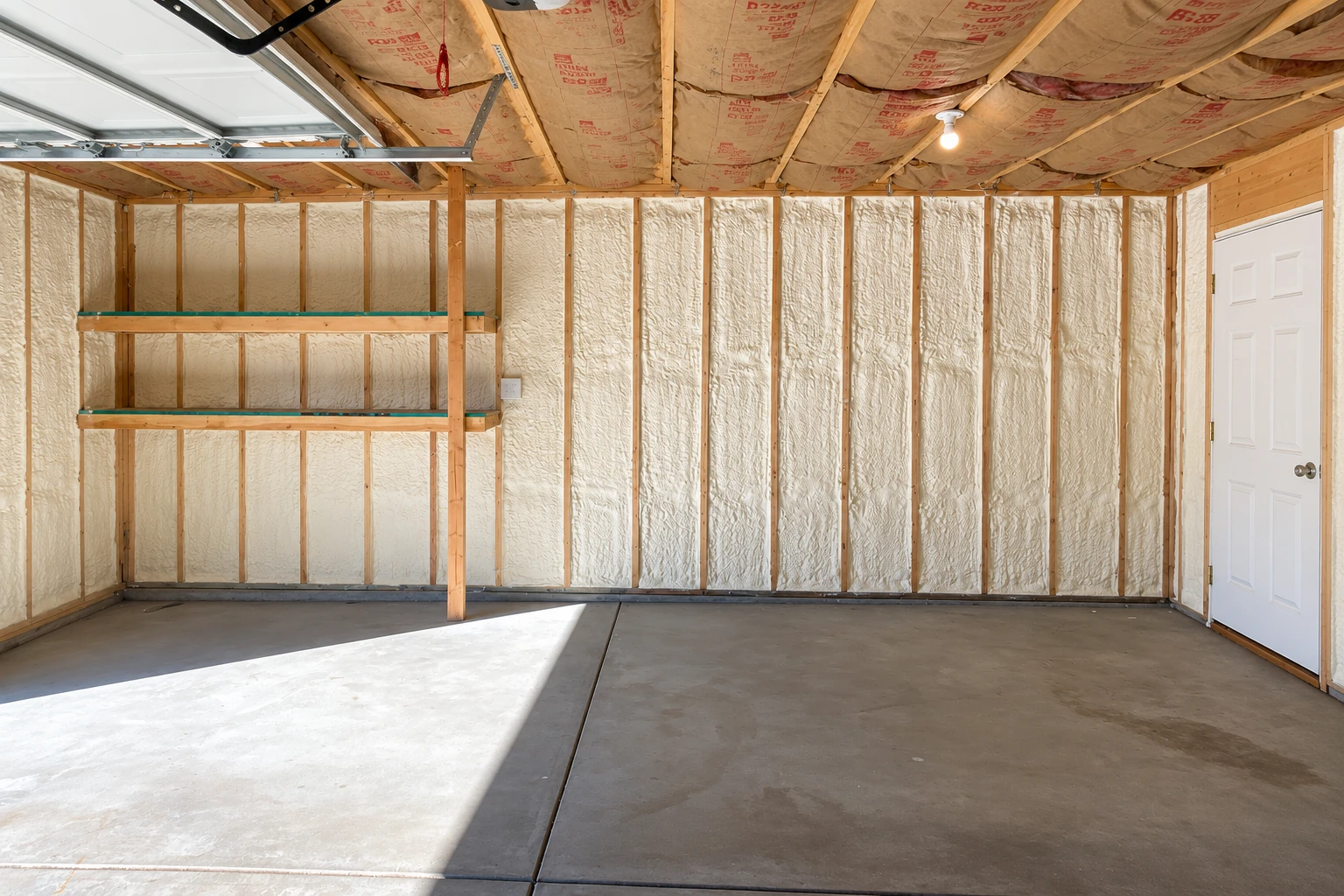 A garage interior has white spray foam insulation between its wooden wall studs.