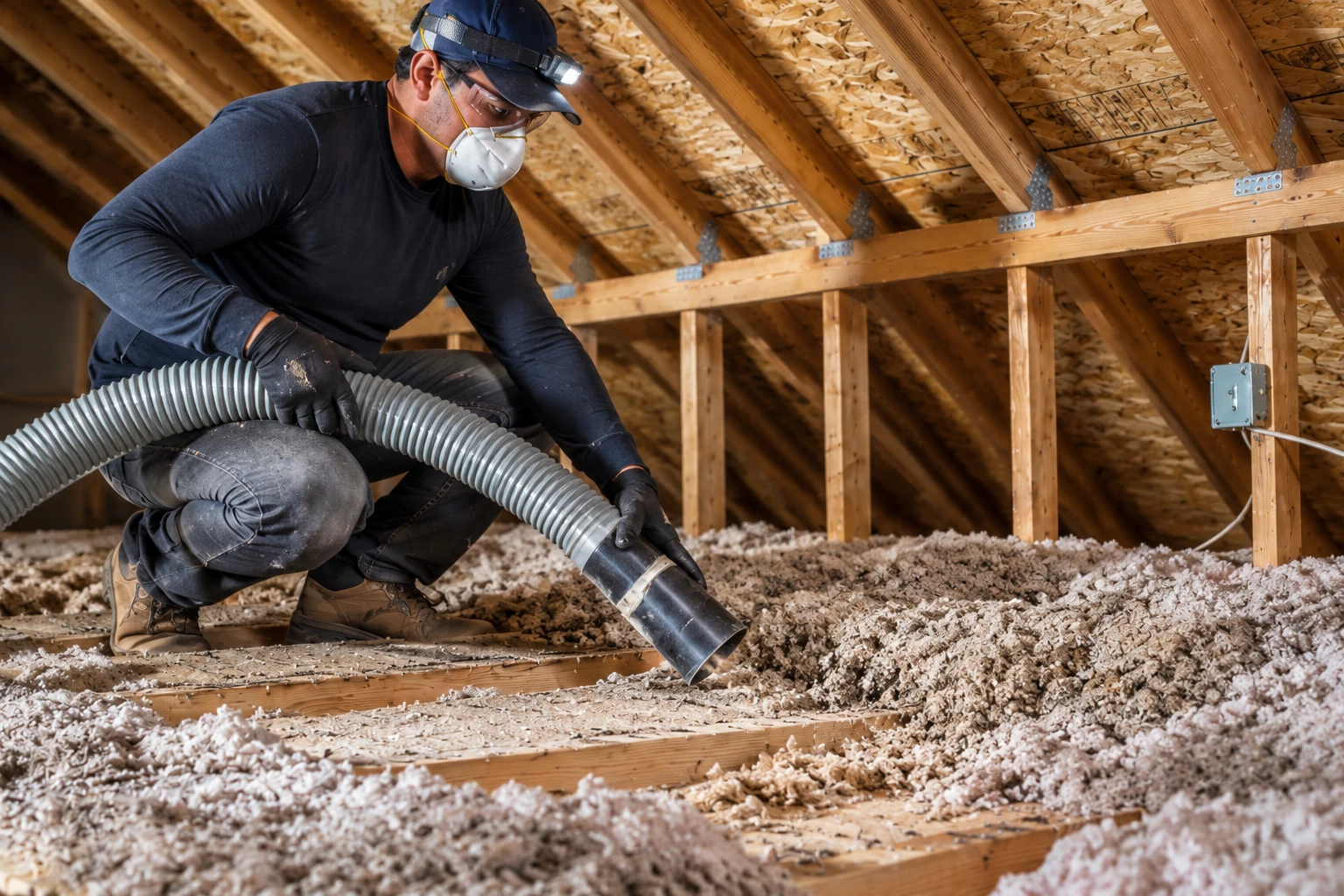A worker directs a hose to spread blown-in insulation across a commercial attic floor.