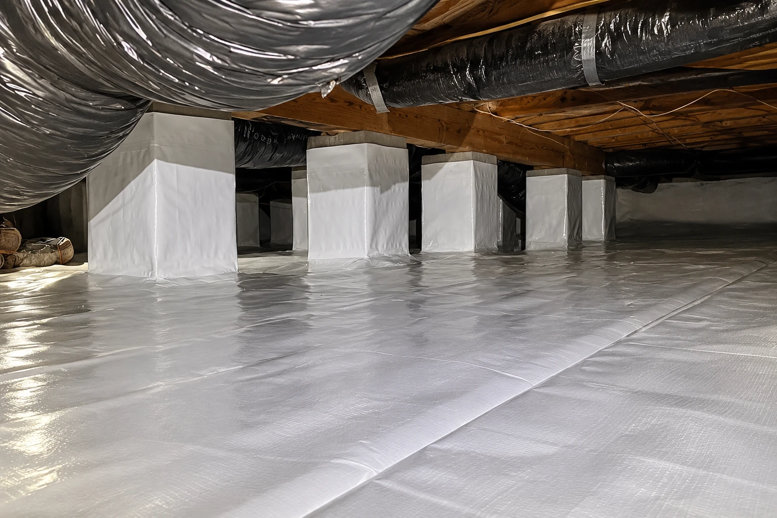 A crawl space has a white vapor barrier covering the floor beneath ducts and support posts.