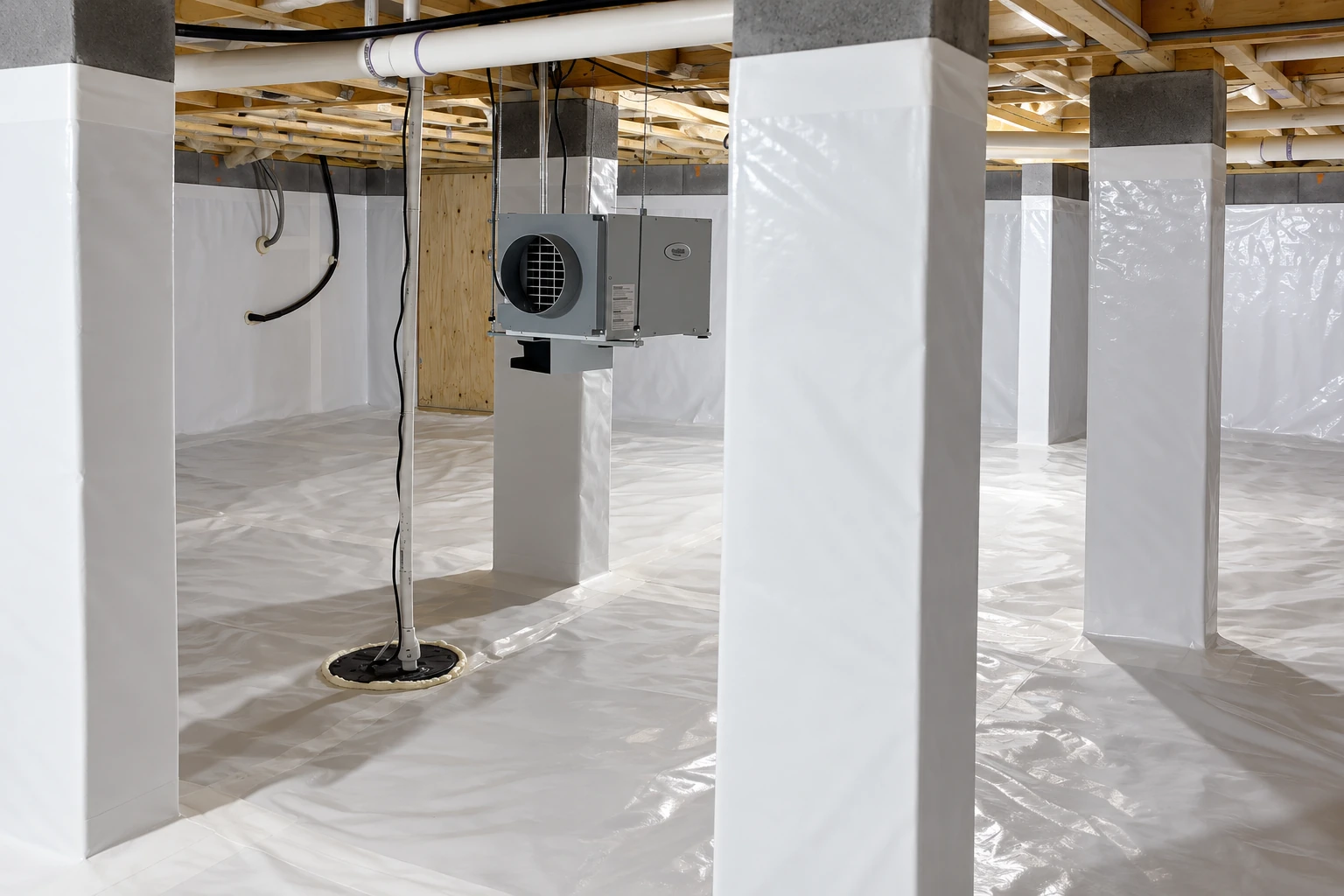 A crawl space has white vapor barrier sheeting across the floor and wrapped around support columns, with a dehumidifier at center.