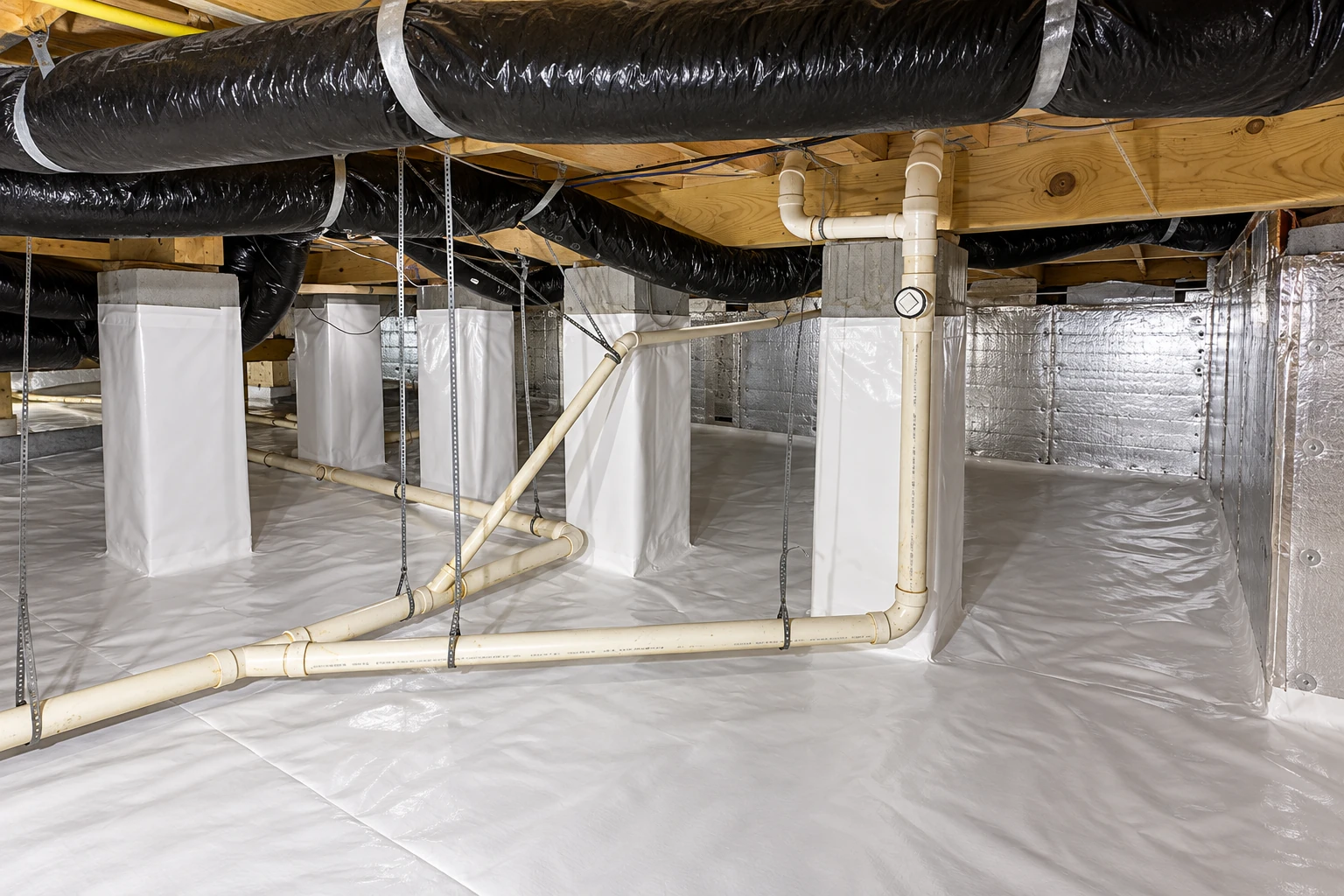 A crawl space has a white plastic vapor barrier across the floor and around support piers, with pipes and ductwork overhead.