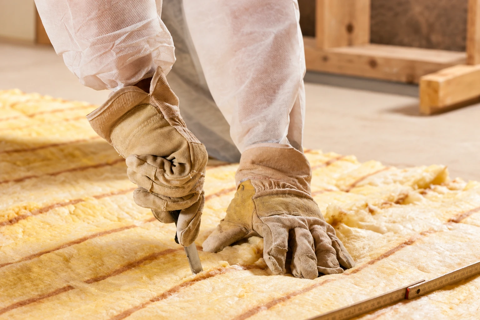 A worker in protective clothing fits yellow fiberglass insulation between floor joists, using a utility knife.