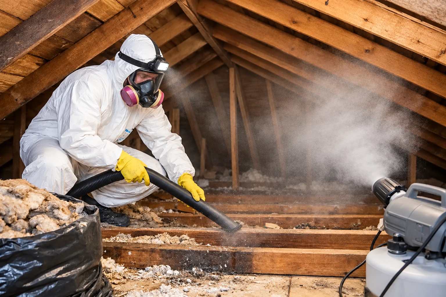 A worker in protective gear removes attic insulation with a vacuum hose as dust rises around the exposed rafters.