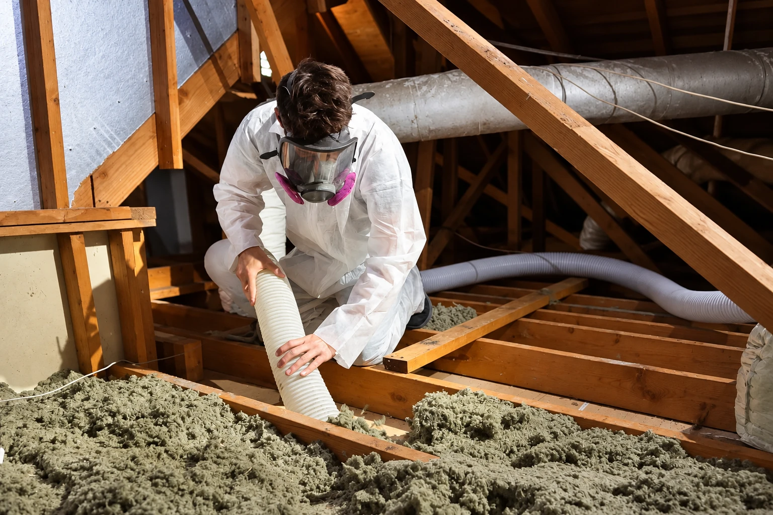 A worker in protective coveralls and a respirator guides a white hose through loose-fill insulation in an attic.