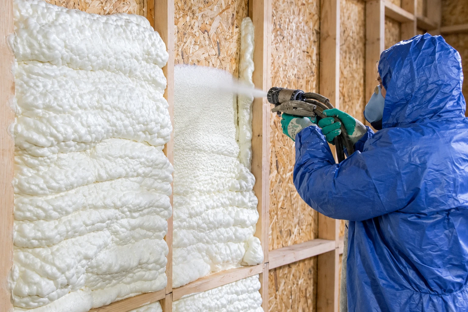 A worker in protective gear sprays white foam insulation into the wall cavities between wooden studs.