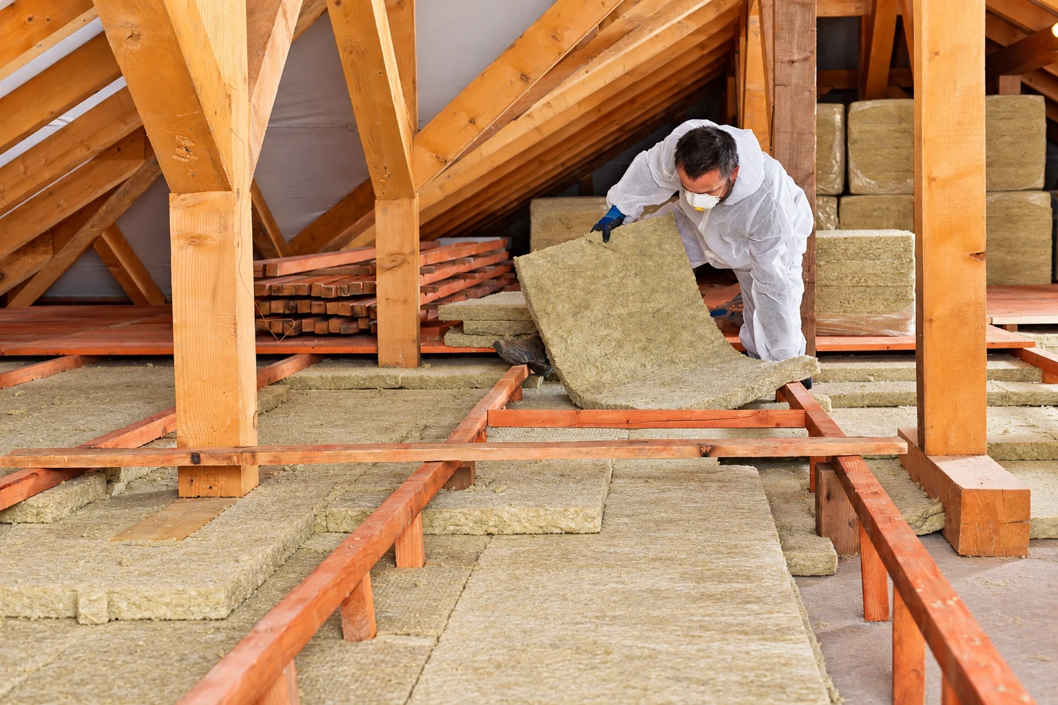 A worker in protective clothing lifts a batt of insulation between wooden attic floor joists.