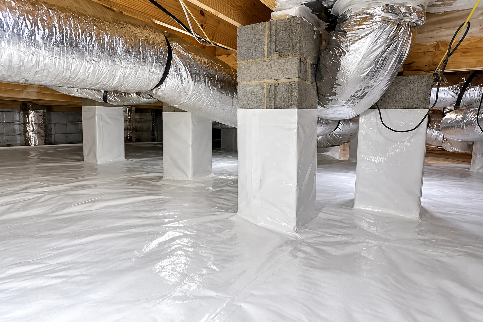 White vapor barrier sheeting covers a crawl space floor and wraps around concrete support columns beneath ductwork.