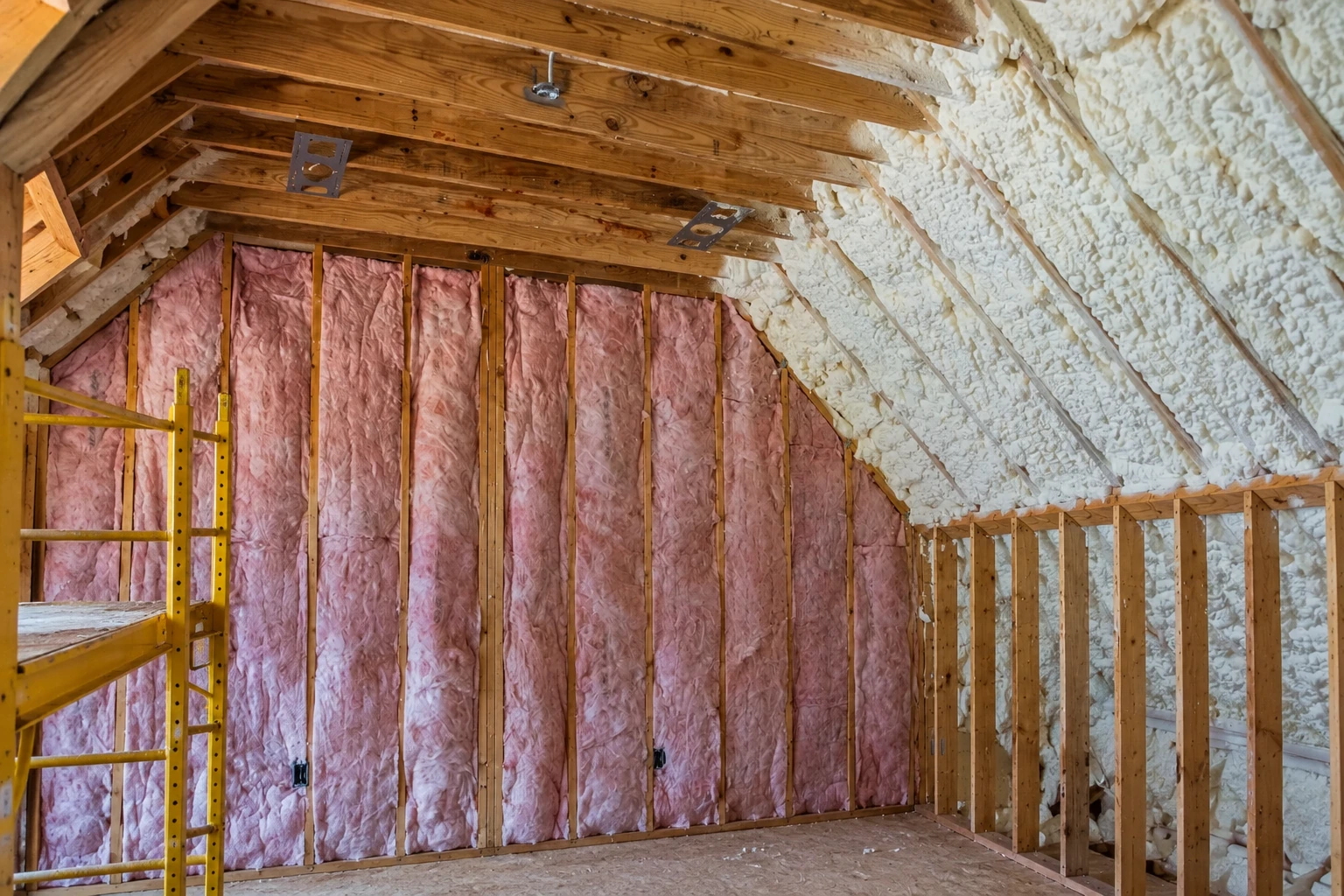 Pink batt insulation fills the wall studs, while white spray foam covers the sloped attic rafters.